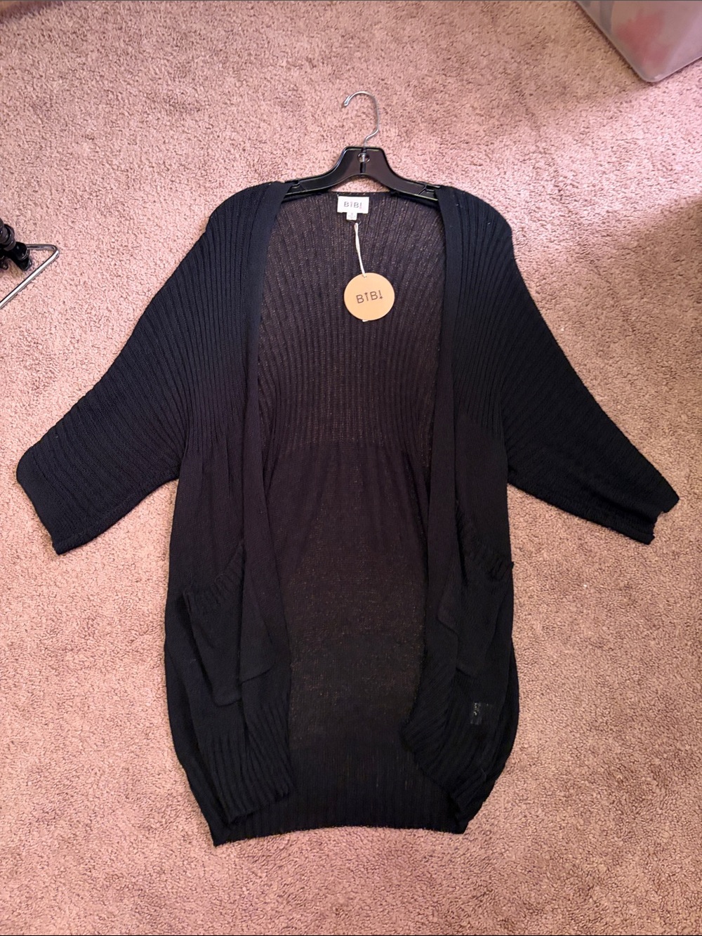 BiBi Black Ribbed Open-Front Cardigan with Pockets